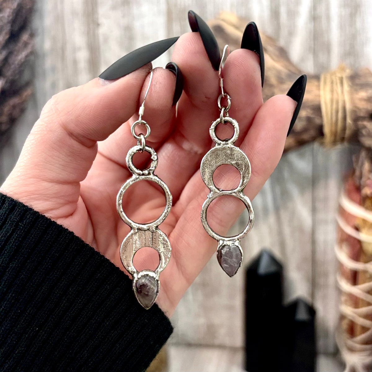 FoXlark amethyst silver crystal dangle earrings with long, witchy-inspired design and intricate silver detailing.