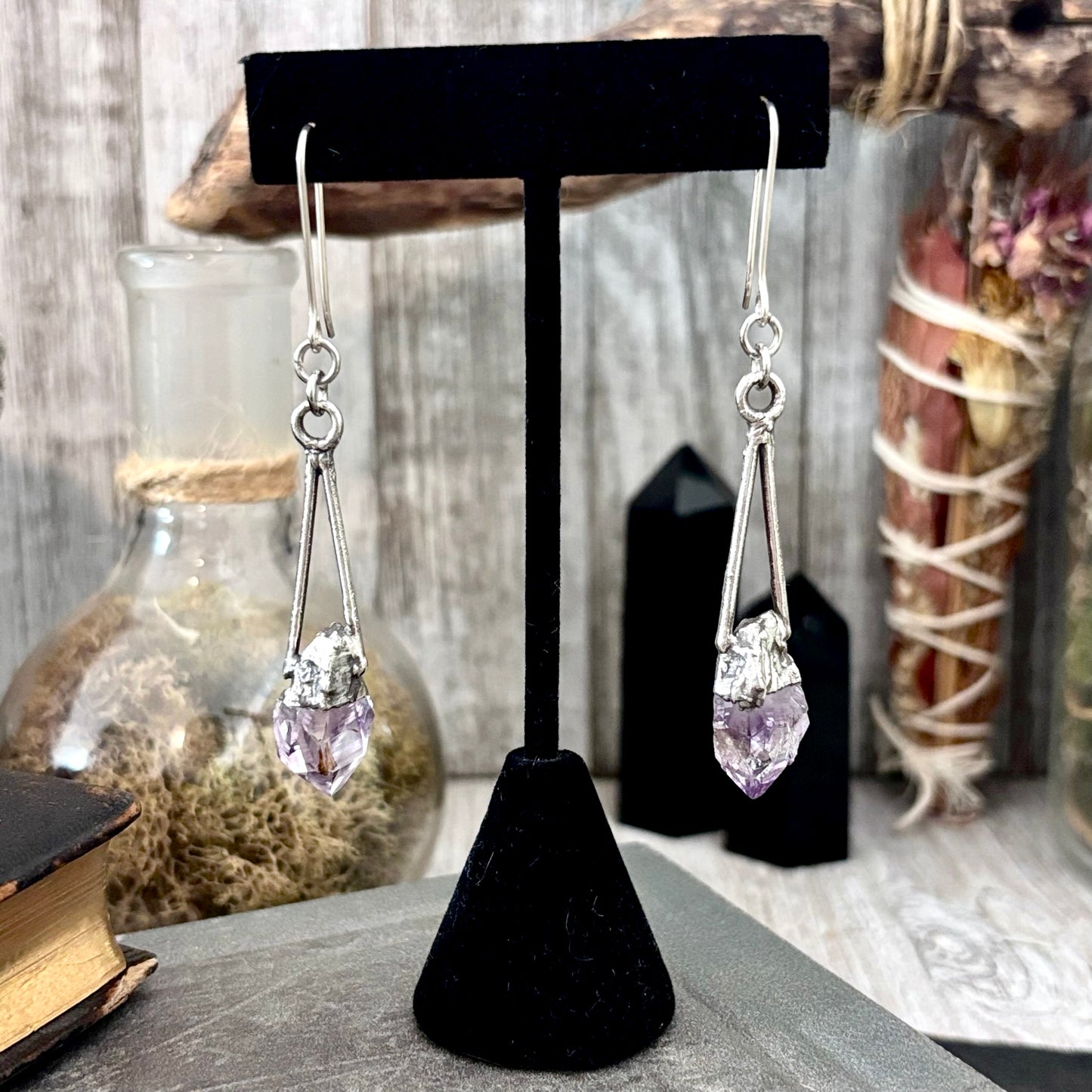 Raw Amethyst Fine Silver Crystal Dangle Earrings / Long Dangle Witchy Earrings