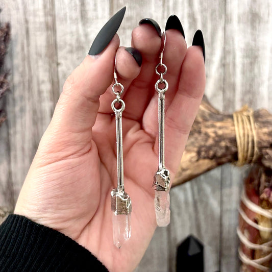 Raw Clear Quartz Fine Silver Crystal Dangle Earrings / Long Dangle Witchy Earrings