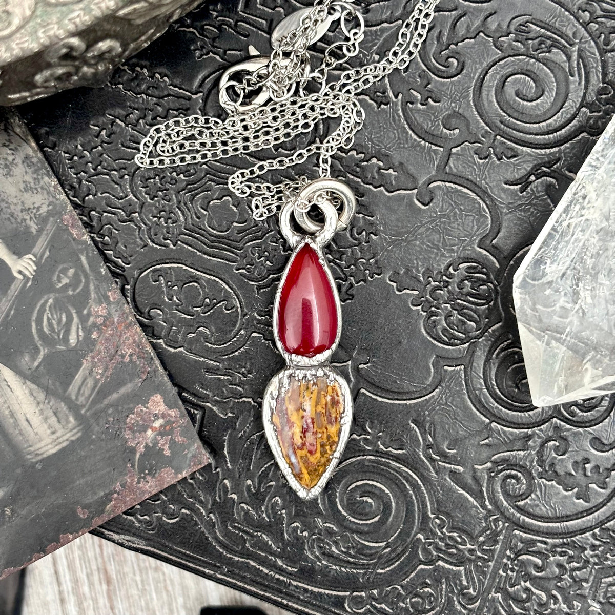 Multi-stone Carnelian Jasper crystal necklace with fine silver setting from FOXLARK collection, featuring vibrant orange and red stones.