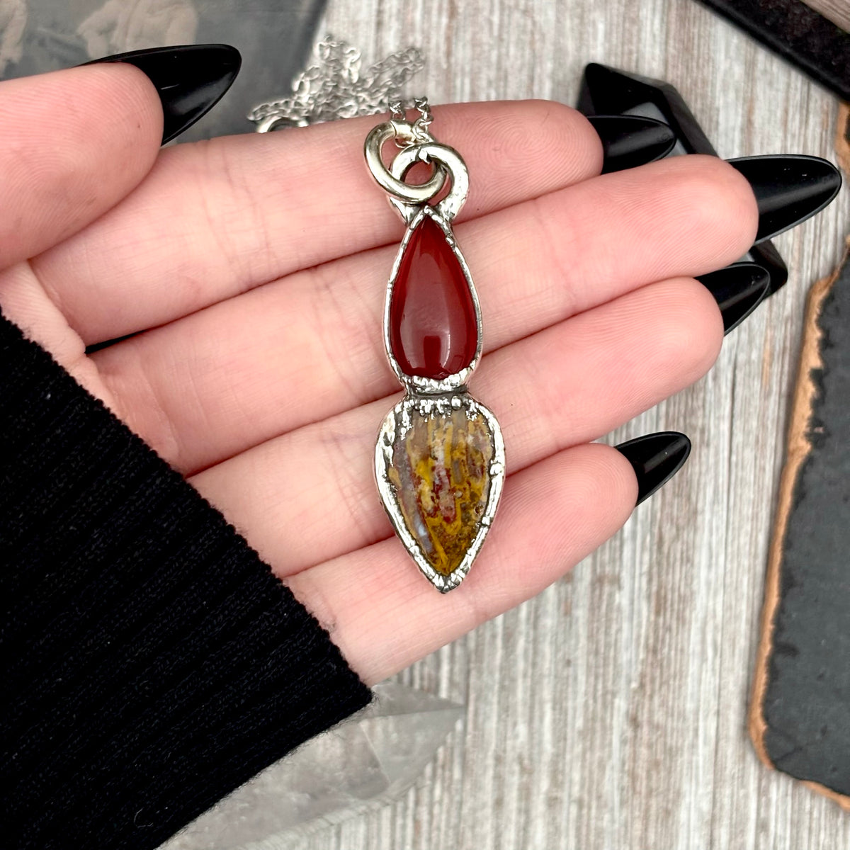 Foxlark Multi Stone Carnelian Jasper Crystal Necklace with fine silver setting, featuring vibrant orange and earthy tones.