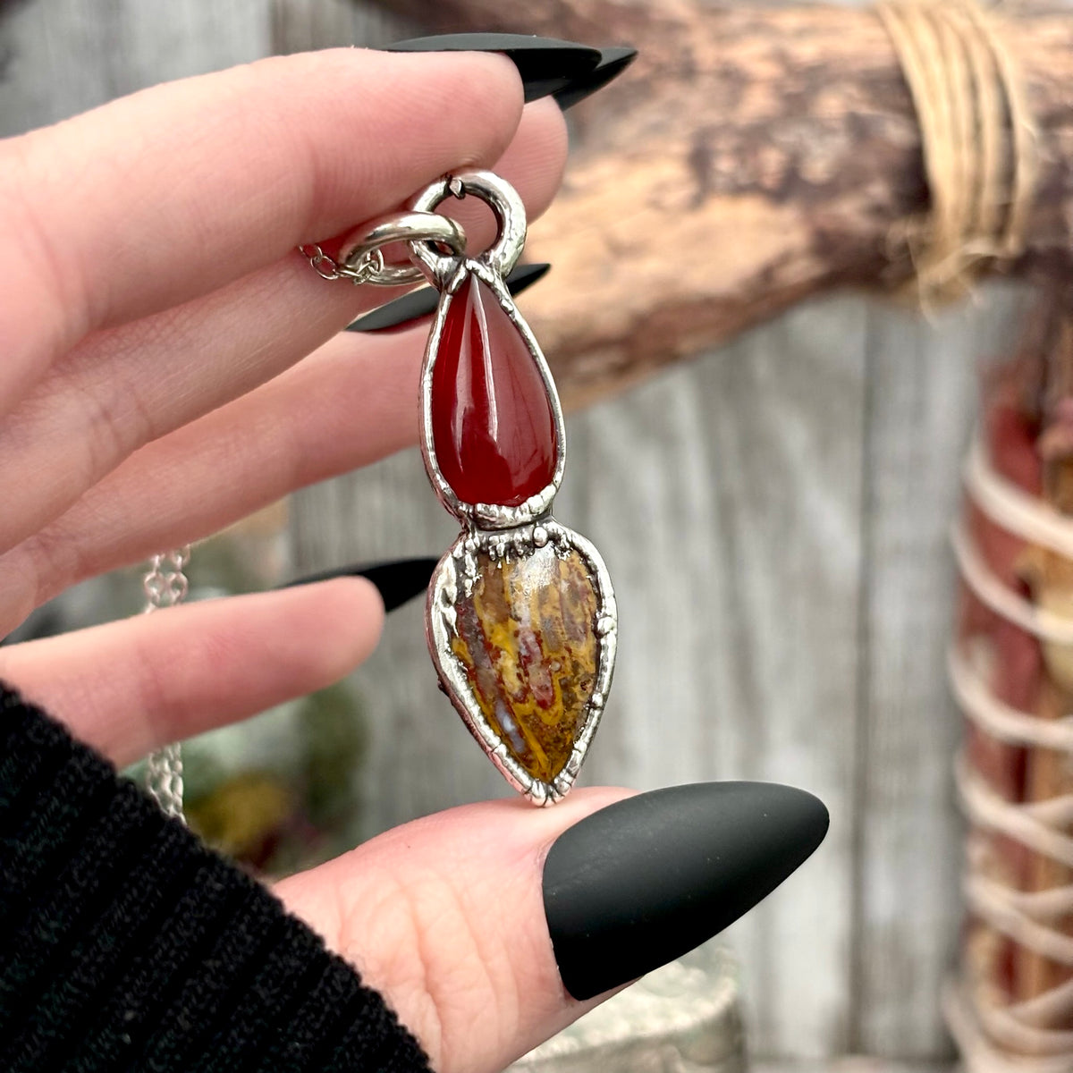 Foxlark Multi Stone Carnelian Jasper Crystal Necklace with fine silver setting from the Foxlark Collection, featuring vibrant gemstone beads.