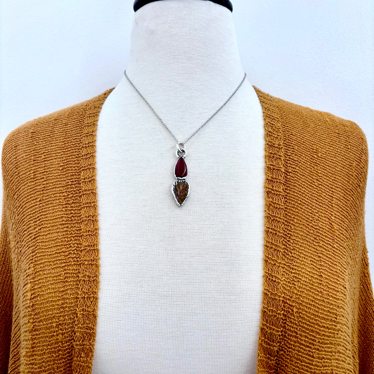 Multi-stone Carnelian Jasper crystal necklace with silver setting from FOXLARK collection, featuring vibrant orange and earthy tones.