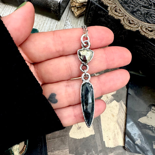 Multi Stone Pyrite and Moss Agate Charm Necklace in Fine Silver / Foxlark Collection