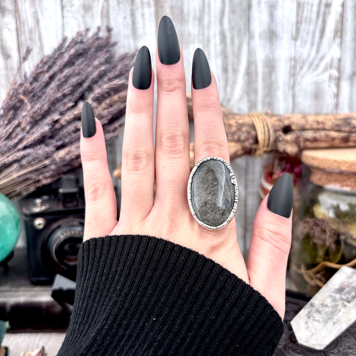 Silver Sheen Obsidian crystal ring by FOXLARK, featuring fine silver band, size 6.5, one-of-a-kind design from the FOXLARK rings collection.
