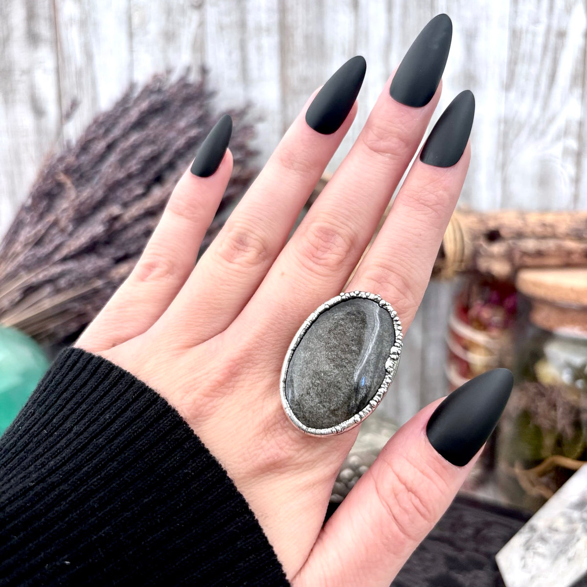 Silver Sheen Obsidian crystal ring by FOXLARK with fine silver band, size 6.5, showcasing a one-of-a-kind design.