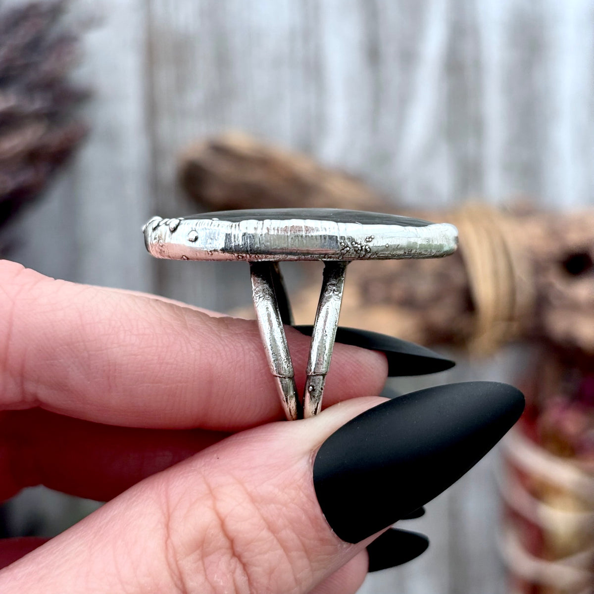 Silver Sheen Obsidian crystal ring by FOXLARK with fine silver setting, size 6.5, from the Foxlark Collection, one-of-a-kind design.