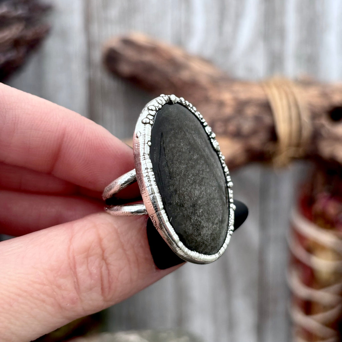 Silver Sheen Obsidian crystal ring by FOXLARK featuring a size 6.5 fine silver band from the Foxlark Collection.