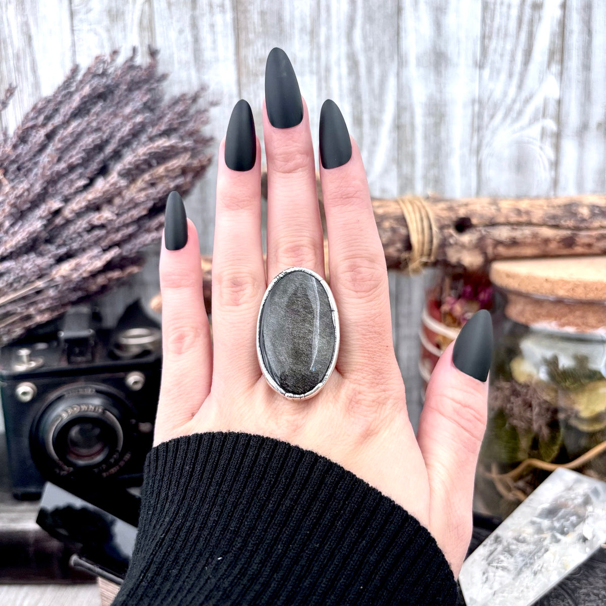 Silver Sheen Obsidian crystal ring by FOXLARK, featuring a fine silver band in size 9 from the Foxlark Collection.