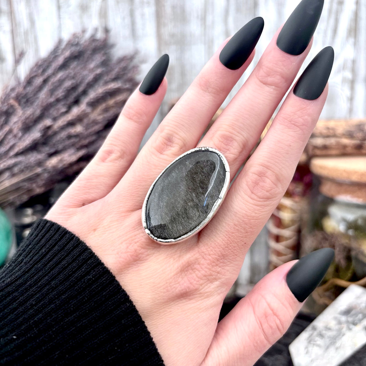 Silver Sheen Obsidian crystal ring by FOXLARK, featuring a fine silver band, size 9, from the Foxlark collection.