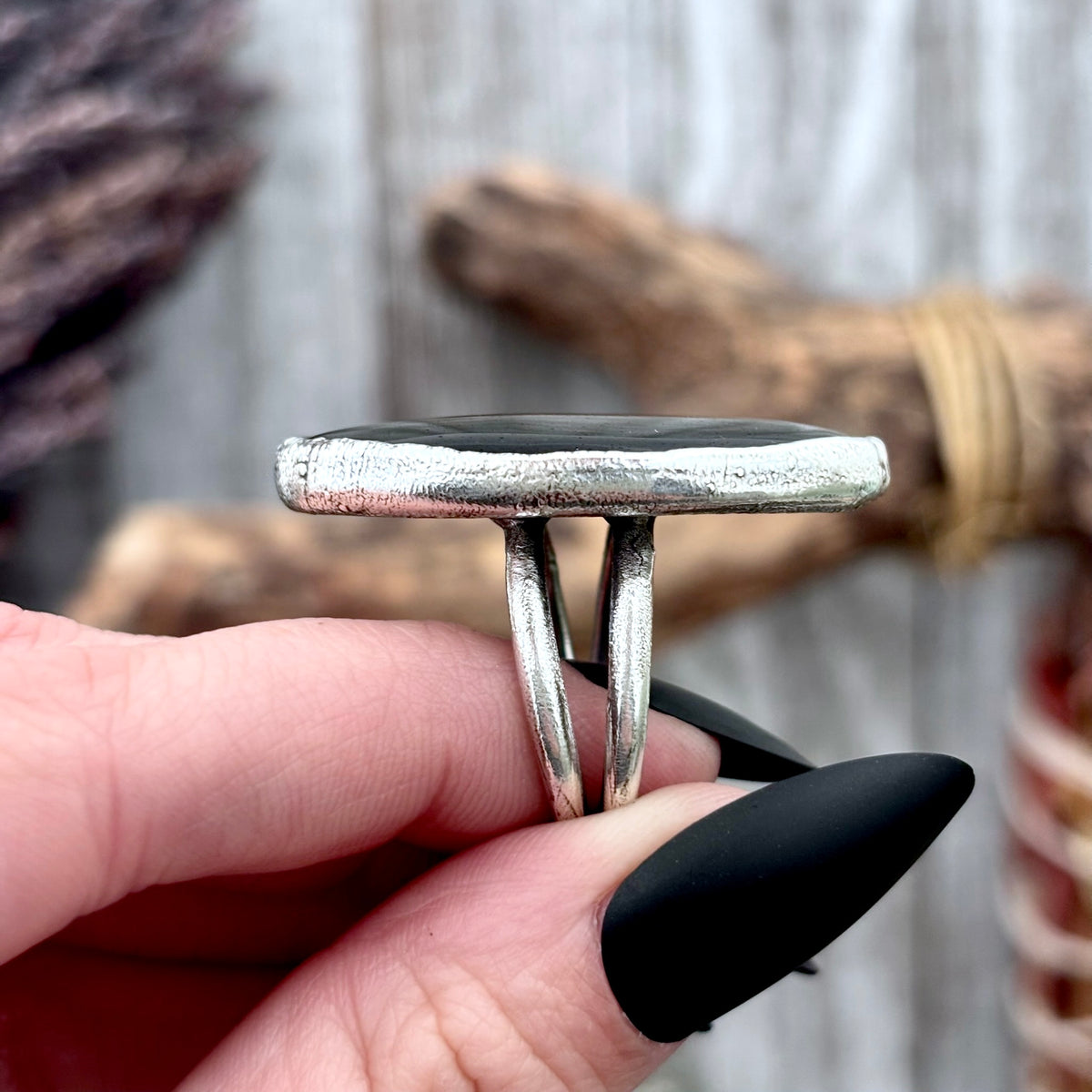 Silver Sheen Obsidian crystal ring by FOXLARK featuring fine silver band, size 9, one-of-a-kind design from the FOXLARK collection.