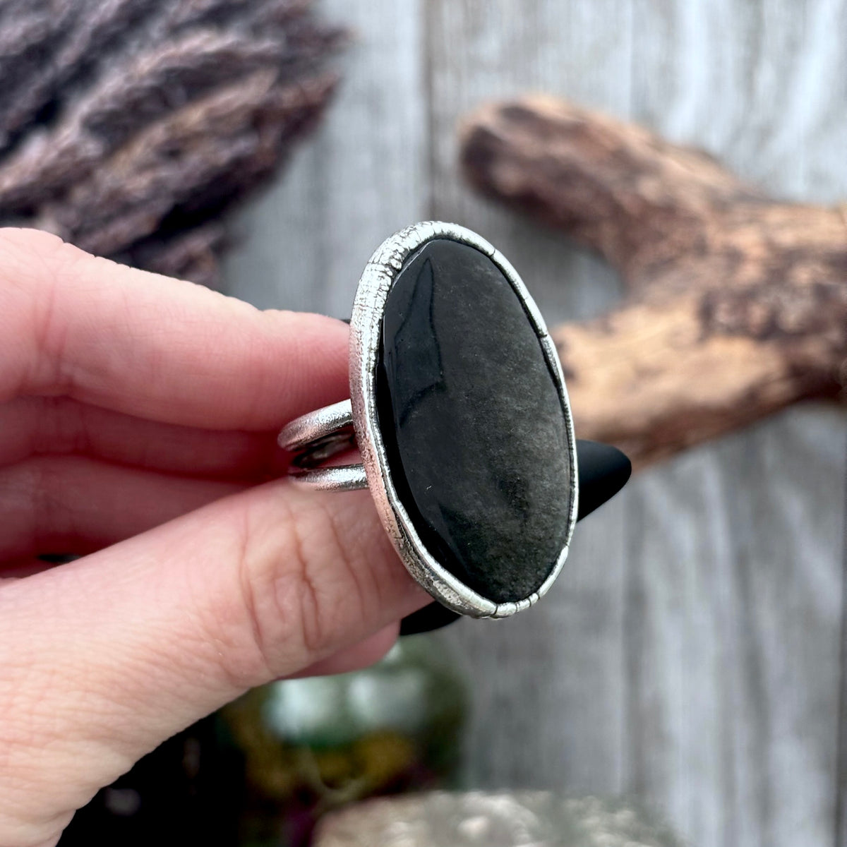Silver Sheen Obsidian crystal ring by FOXLARK featuring a fine silver band, size 9, from the Foxlark collection.