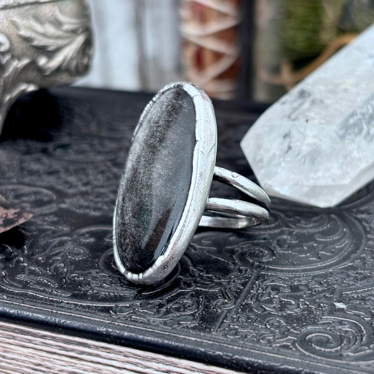 Silver Sheen Obsidian crystal ring by FOXLARK with fine silver band, size 9, featuring a unique, polished gemstone design.