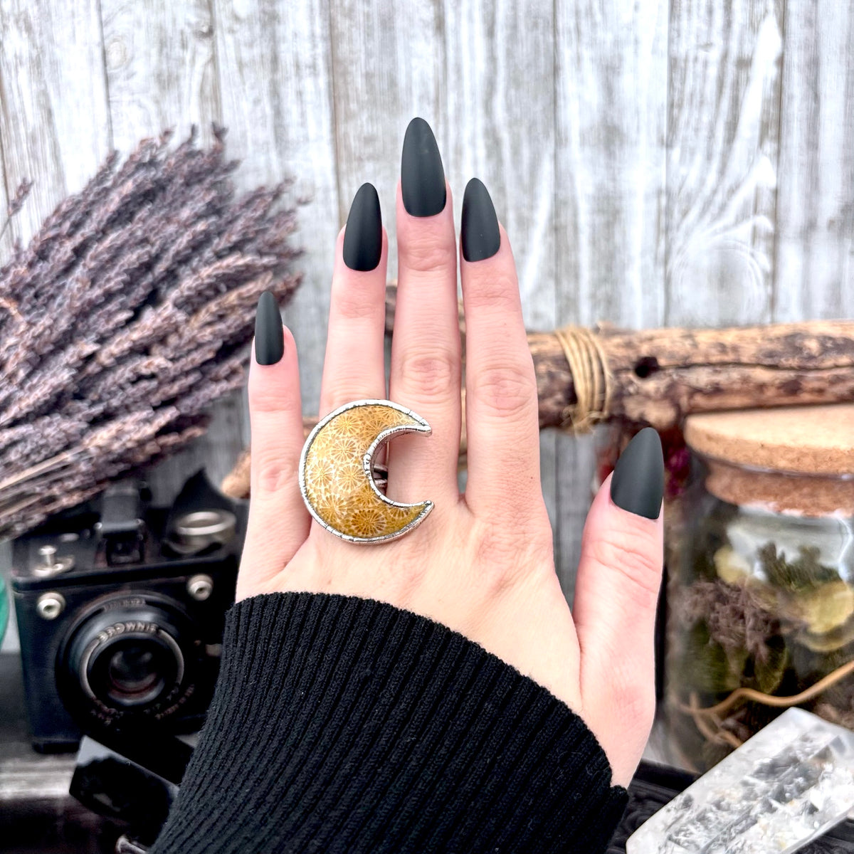 Fossilized coral crystal ring by FOXLARK, fine silver band, size 5.5, from the Foxlark Collection, one-of-a-kind jewelry piece.