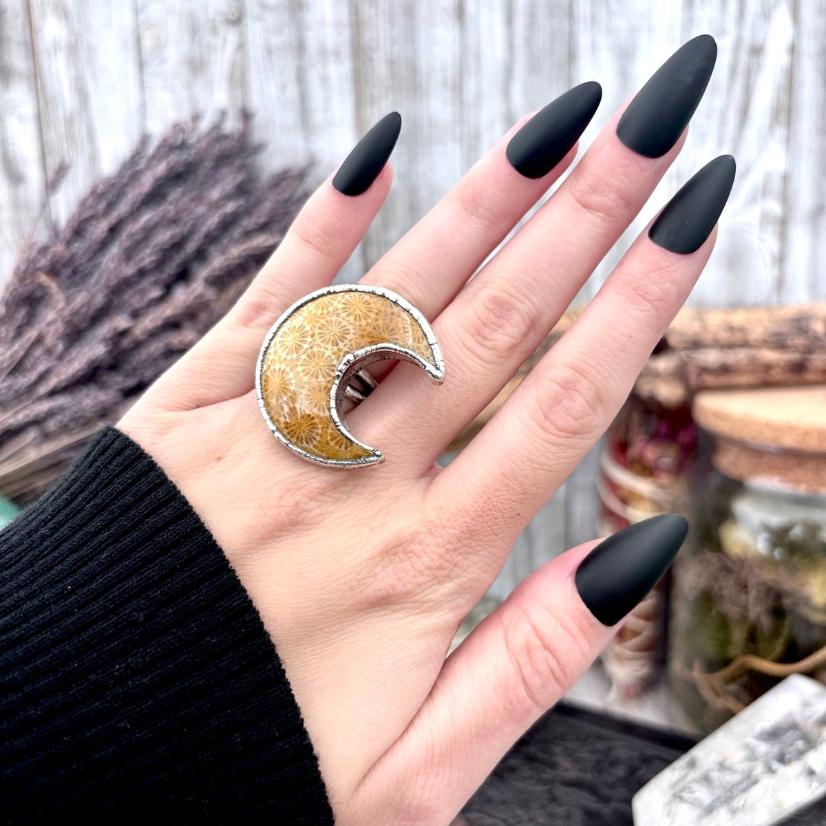 Fossilized coral crystal ring by FOXLARK with fine silver band, size 5.5, from the Foxlark Collection, one-of-a-kind jewelry piece.