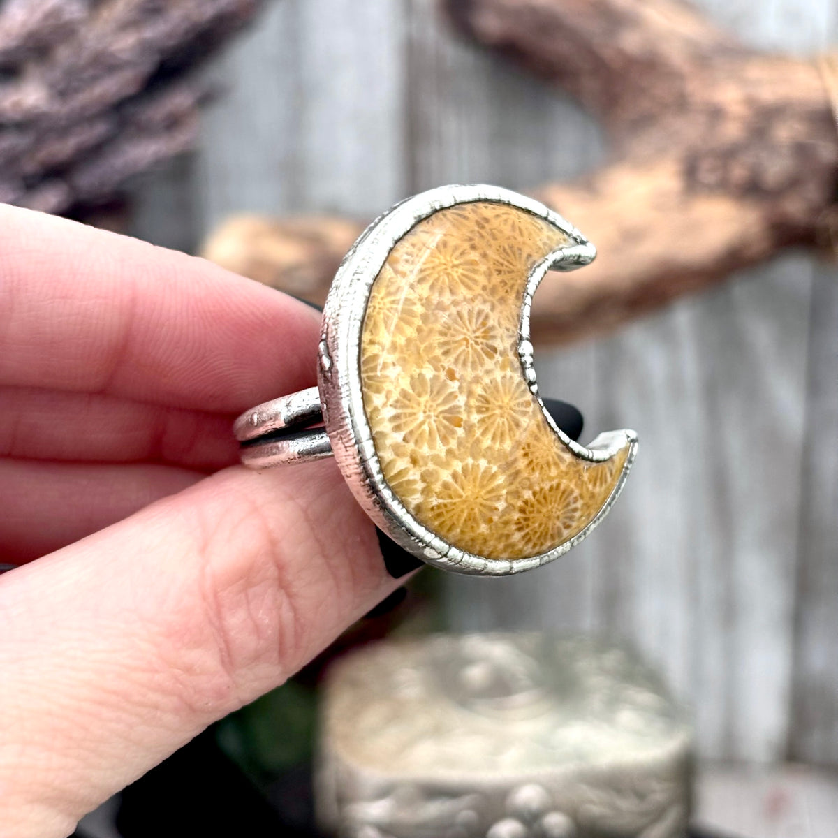 Fossilized coral crystal ring in fine silver, size 5.5, from FOXLARK's one-of-a-kind Foxlark Collection.