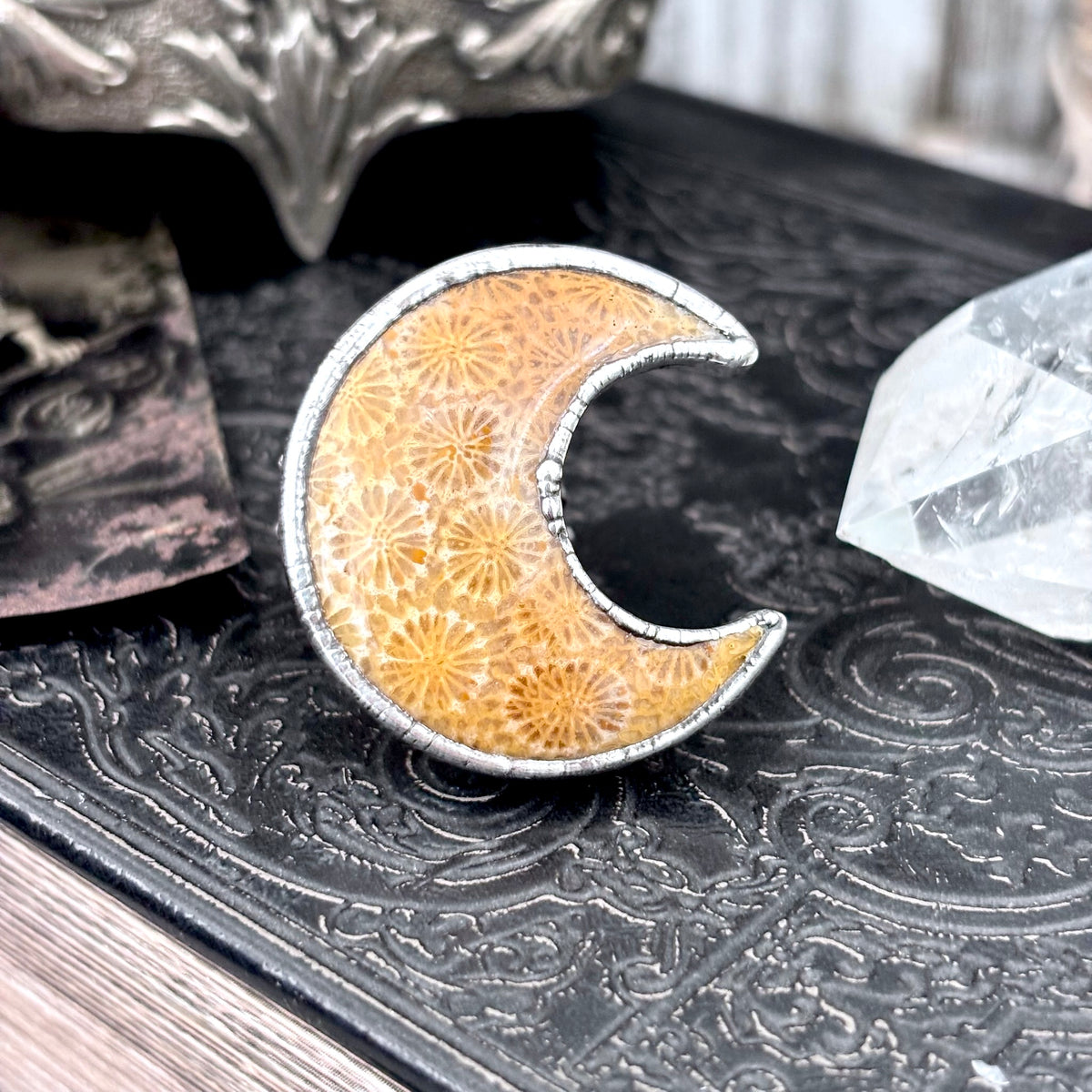 Fossilized coral crystal ring by FOXLARK, fine silver, size 5.5, featuring unique fossilized coral and intricate silver band detail.