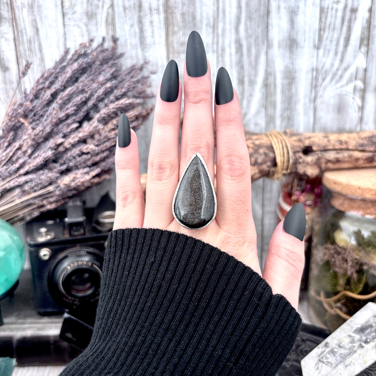 Silver Sheen Obsidian crystal ring from FOXLARK collection featuring a fine silver band, size 7.5, one-of-a-kind design.