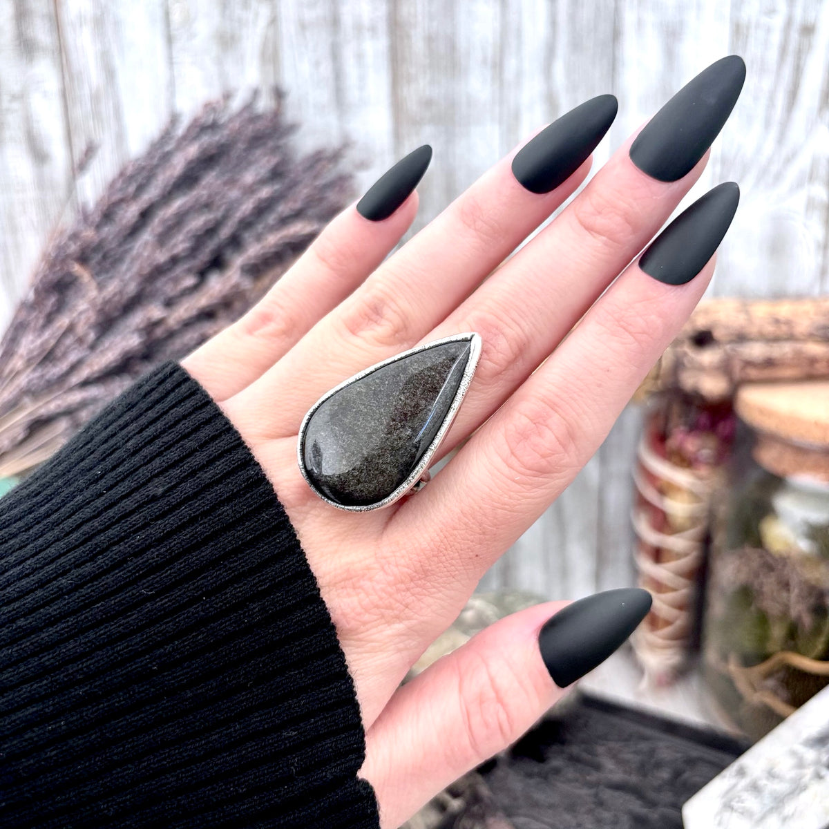 Silver Sheen Obsidian crystal ring from FOXLARK featuring a fine silver band, size 7.5, one-of-a-kind design.