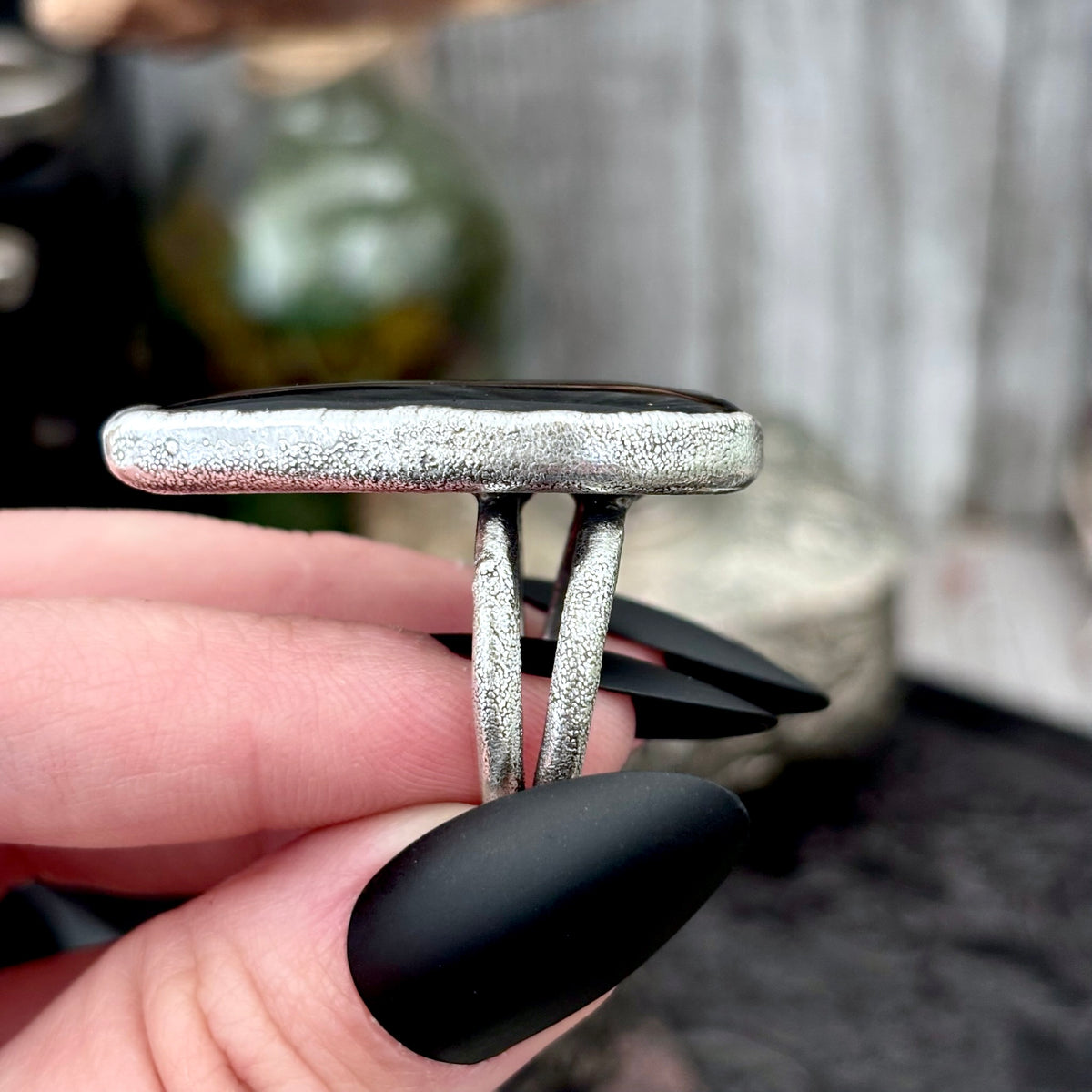 Silver Sheen Obsidian crystal ring by FOXLARK, featuring a fine silver band in size 7.5 from the Foxlark collection.
