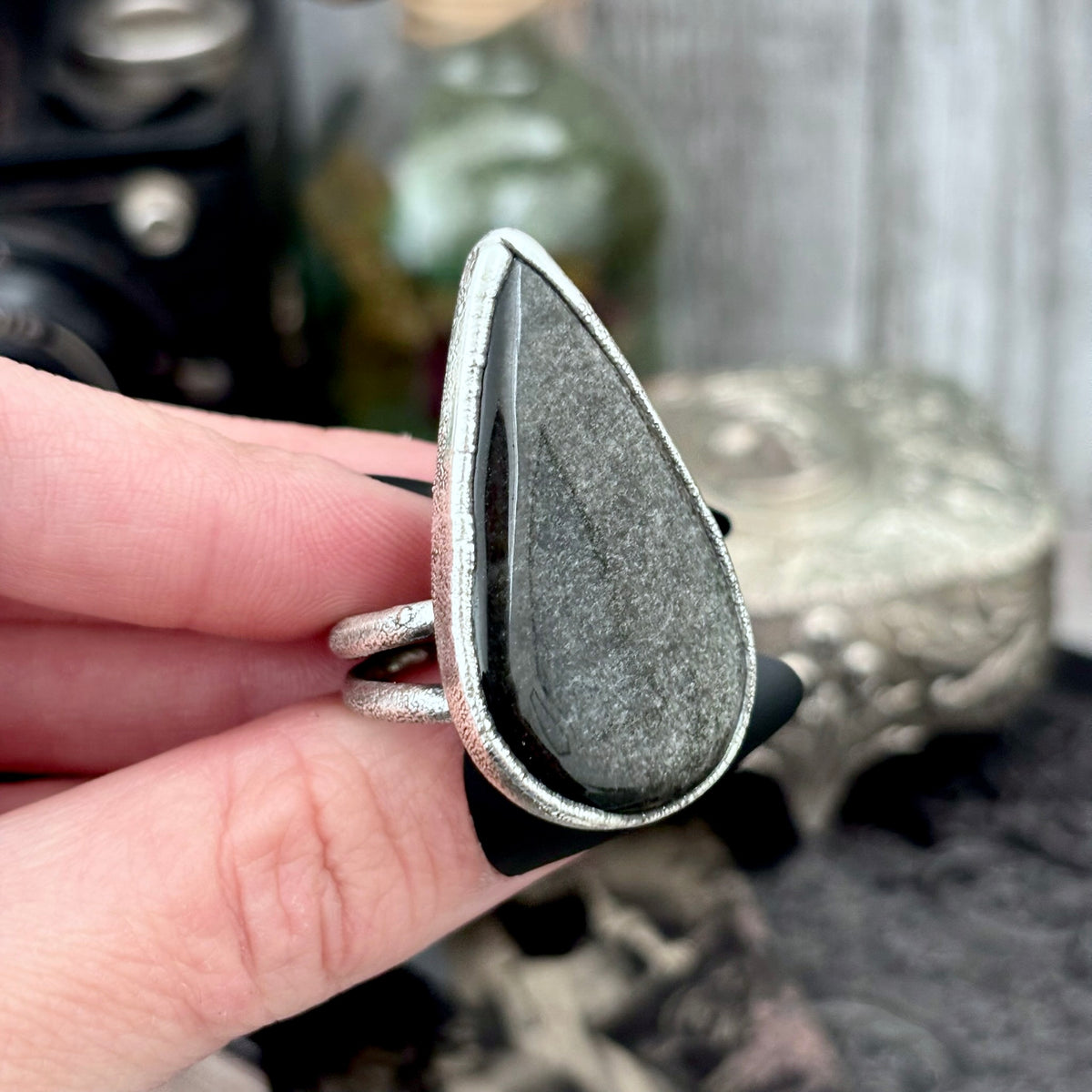 Silver Sheen Obsidian crystal ring from FOXLARK collection, featuring a fine silver band in size 7.5 with a one-of-a-kind design.