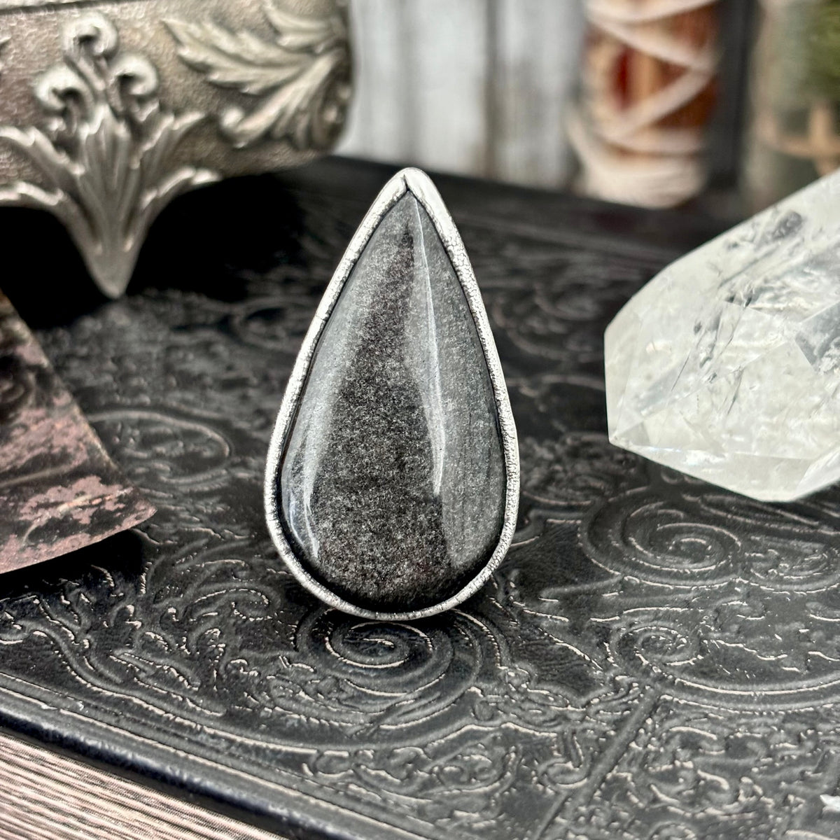 Silver Sheen Obsidian crystal ring by FOXLARK, featuring a fine silver band in size 7.5, from the Foxlark Collection.