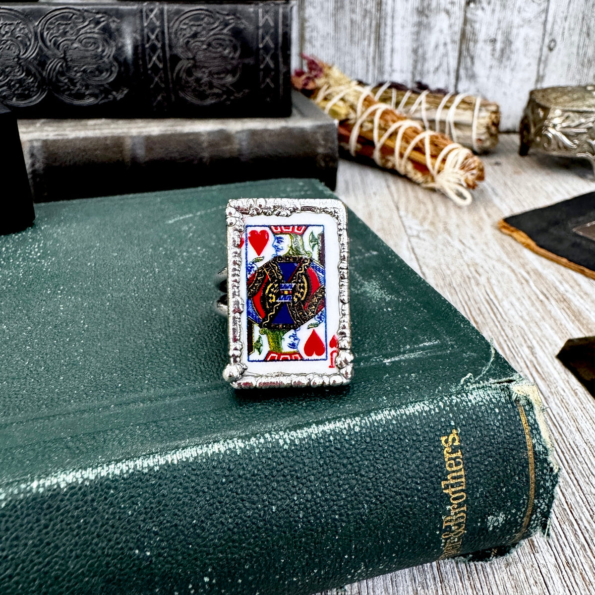 FOXLARK Jack of Hearts playing card ring in fine silver, size 8-10, detailed design with playing card motif on a silver band.