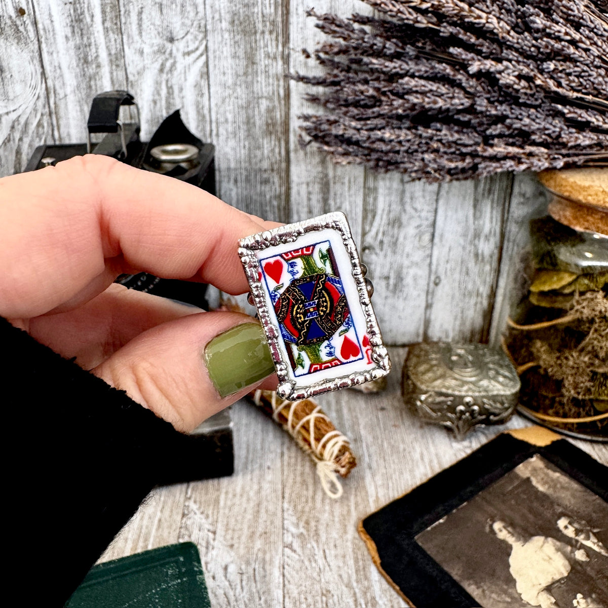 Silver Jack of Hearts playing card ring by FOXLARK, size 8-10, featuring detailed playing card design and fine craftsmanship.