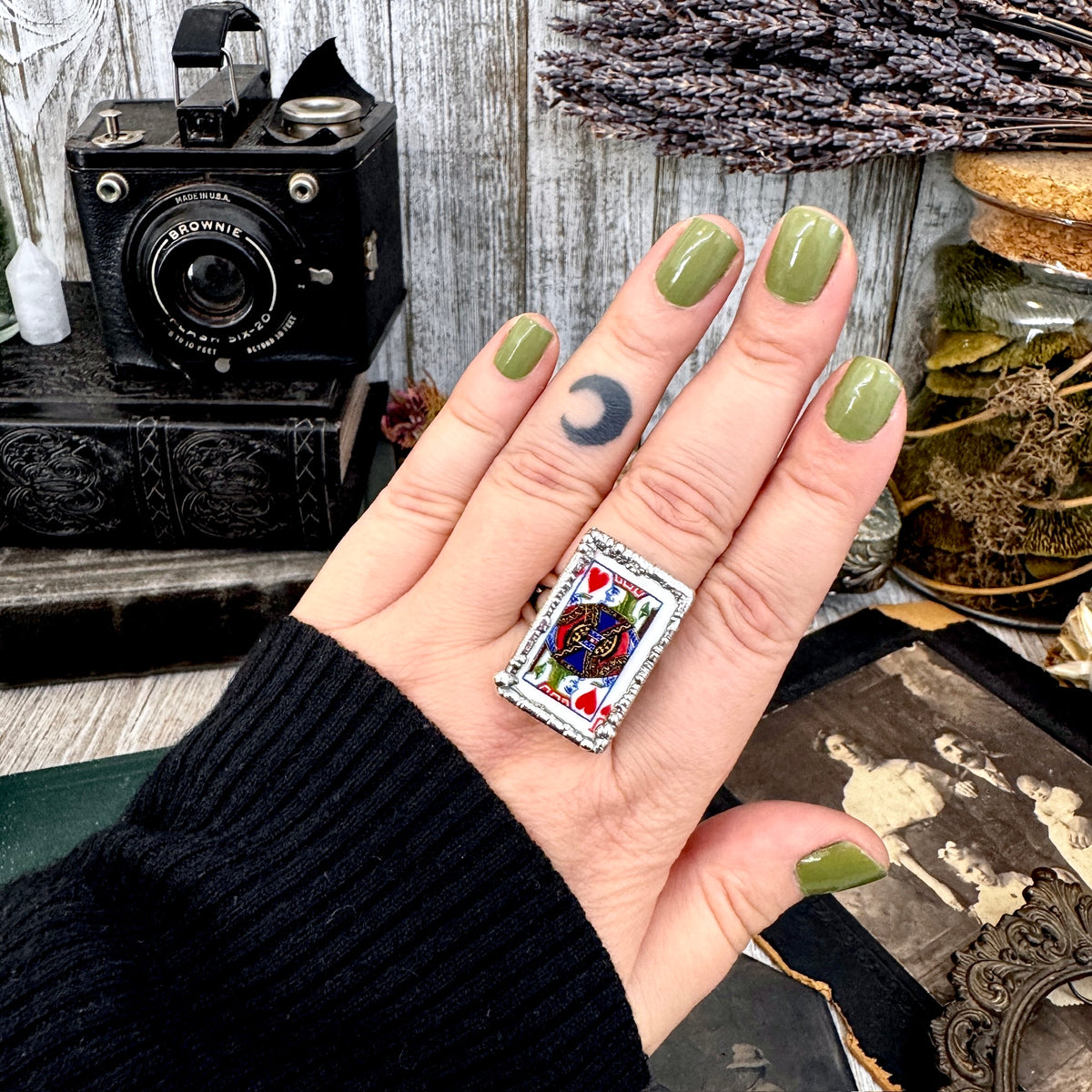 FOXLARK Jack of Hearts playing card ring in fine silver, size 8 or 10, featuring detailed playing card design on a stylish ring.