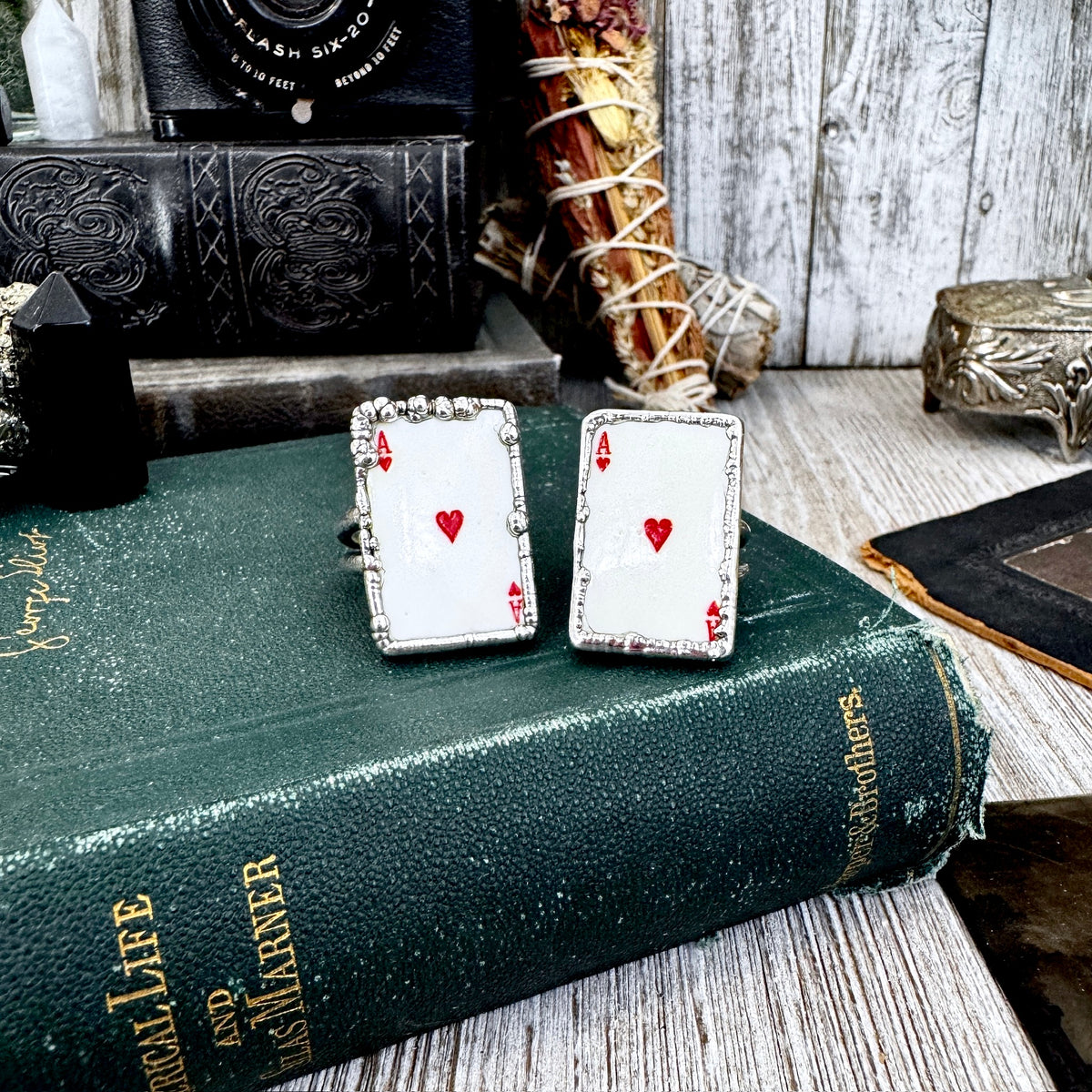 Silver Ace of Hearts playing card ring by FOXLARK, size 8.5, featuring detailed card design, worn on finger.