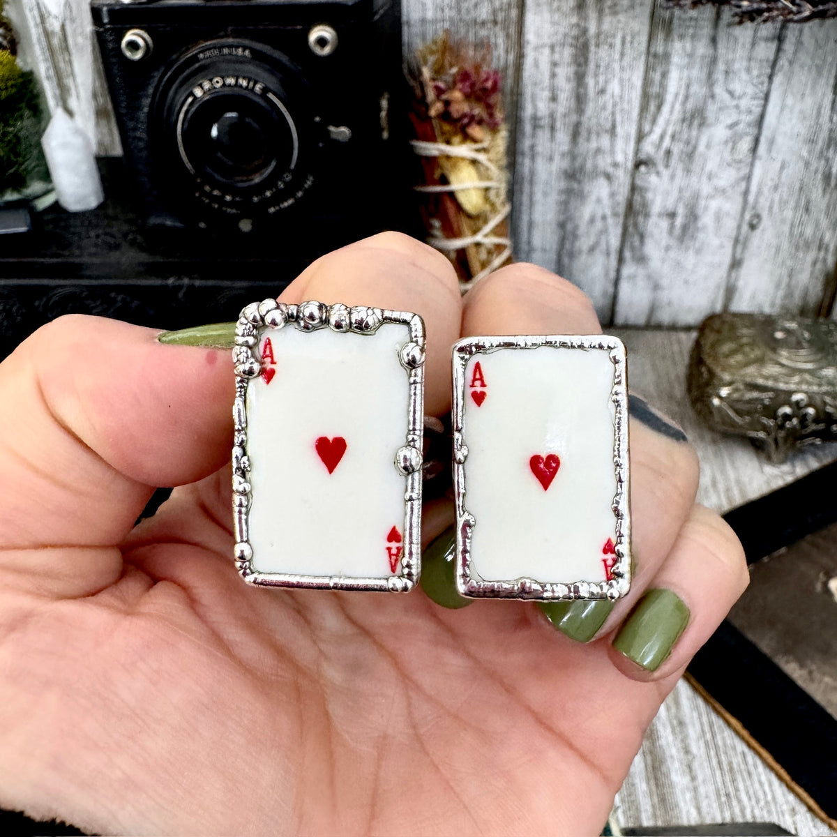 Silver Ace of Hearts playing card ring by FOXLARK, size 8.5, featuring detailed playing card design and fine craftsmanship.