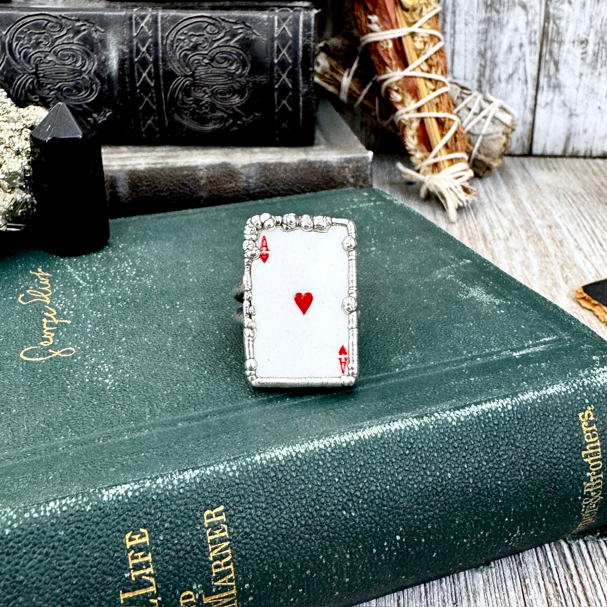 Silver Ace of Hearts playing card ring by FOXLARK, size 8.5, featuring detailed playing card design in fine silver.