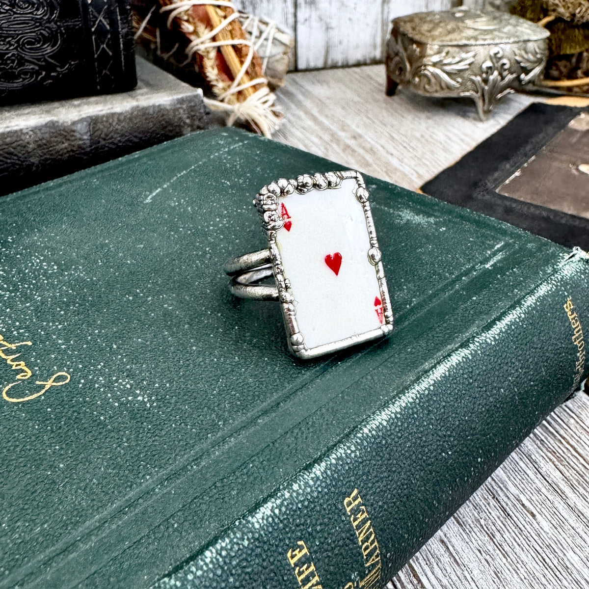 Silver Ace of Hearts playing card ring by FOXLARK, size 8.5, featuring detailed card design on a fine silver band.
