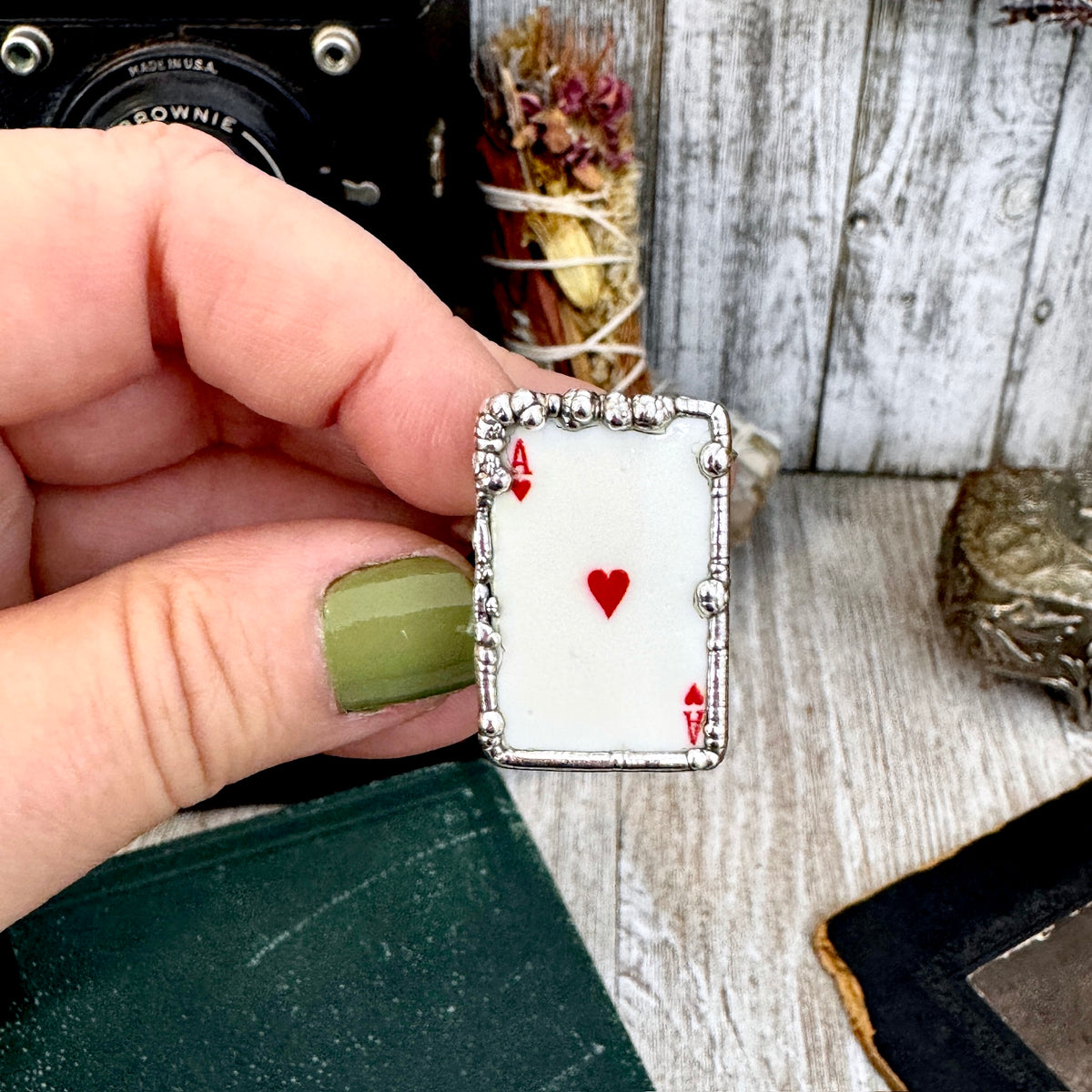 Silver Ace of Hearts playing card ring by FOXLARK, size 8.5 to 10, featuring detailed playing card design in fine silver.