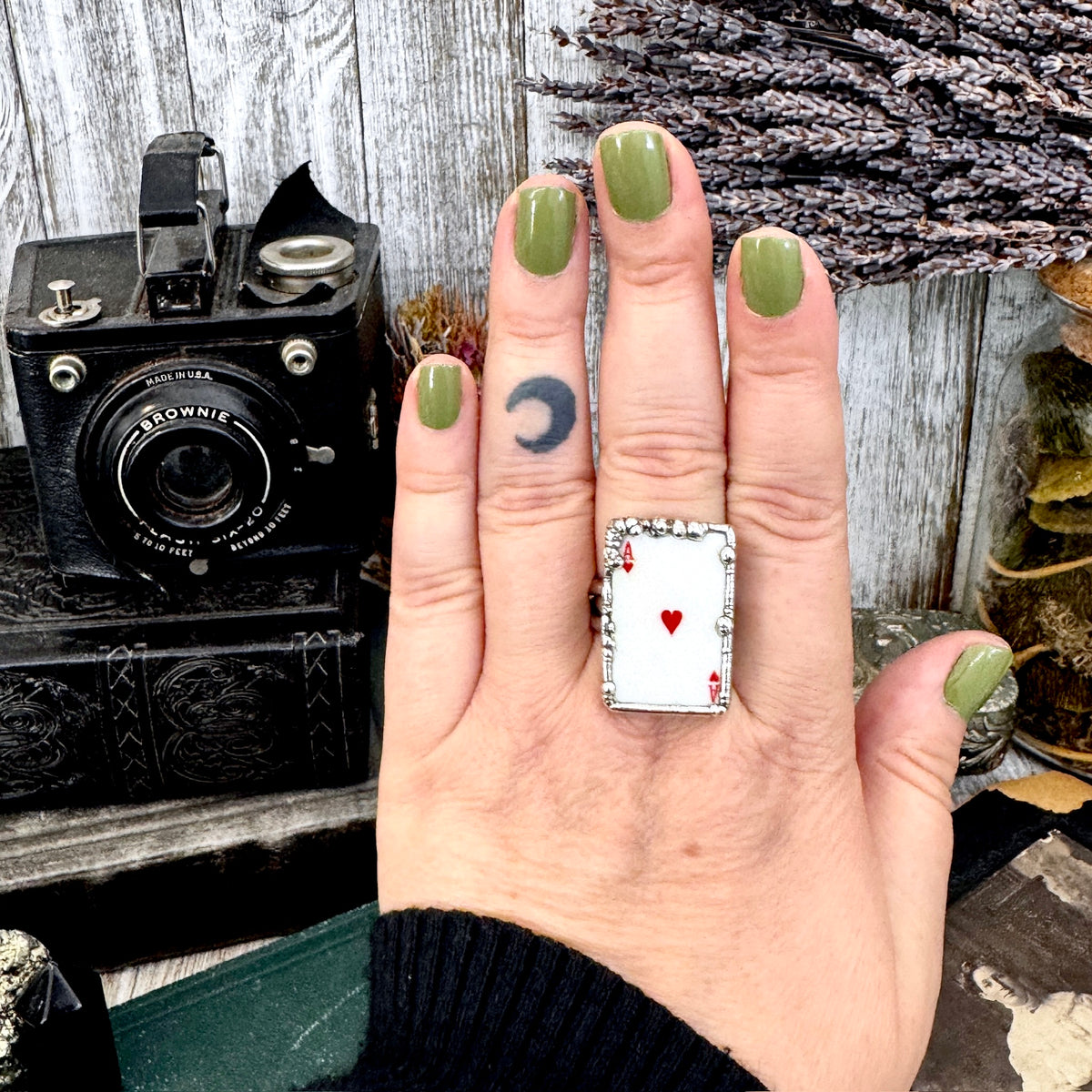 FOXLARK Ace of Hearts playing card ring in fine silver, size 8.5 to 10, featuring detailed playing card design.