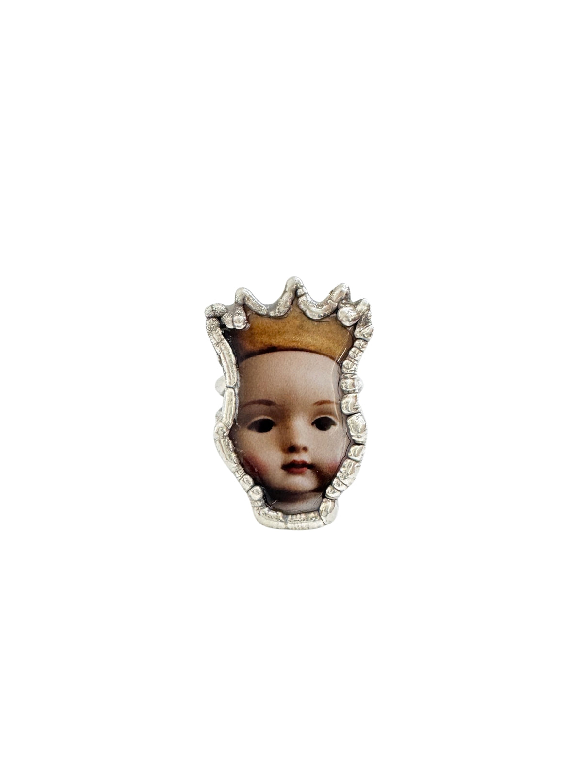 Silver Doll Head Statement Ring in size 8 from FOXLARK's Weirdlings Collection, featuring intricate doll head design.