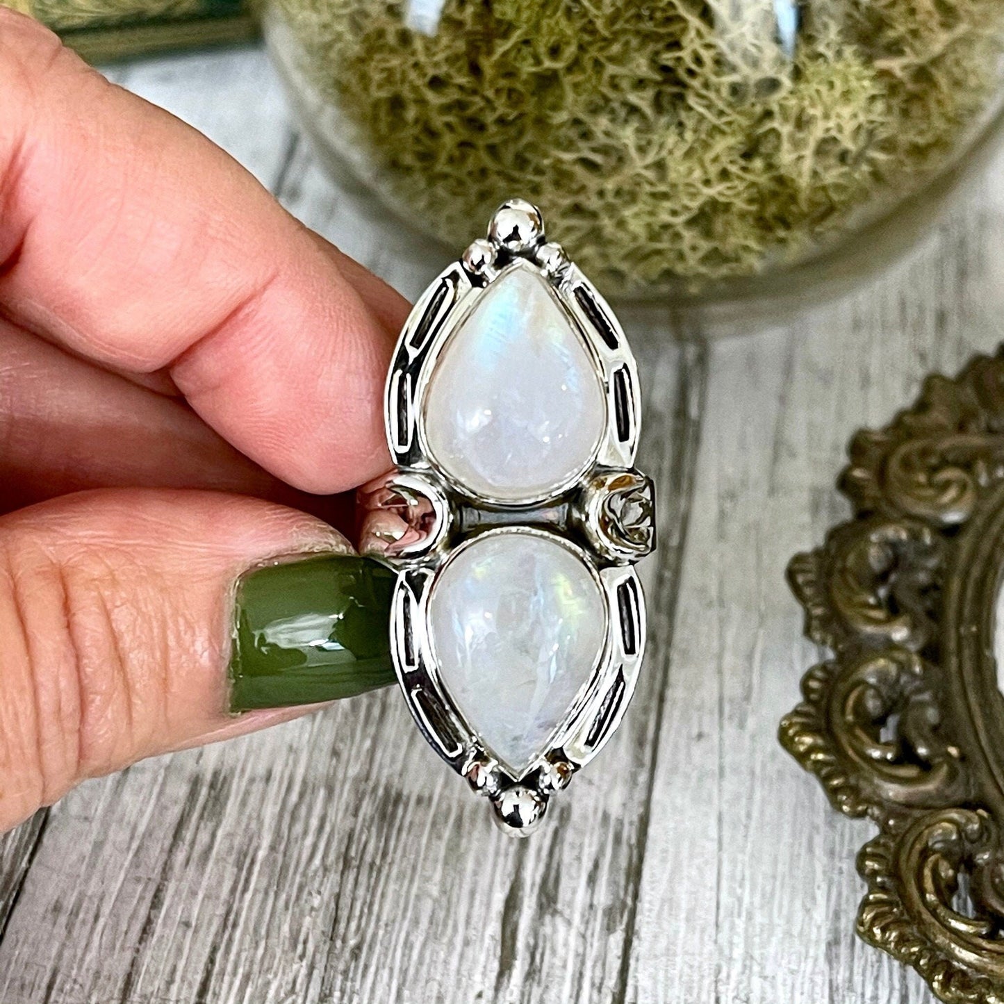 Mystic Moons Rainbow Moonstone Crystal Ring in Solid Sterling Silver- Designed by FOXLARK Collection Size 5 6 7 8 9 10 11