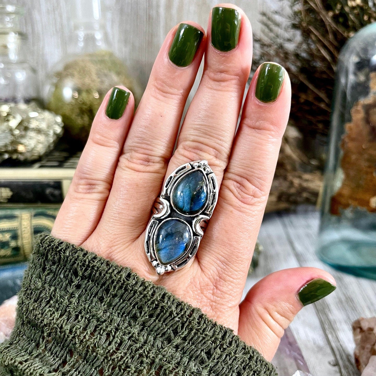 Mystic Moons Labradorite Crystal Ring Sterling Silver Designed FOXLARK Collection Size 6 7 8 9 10