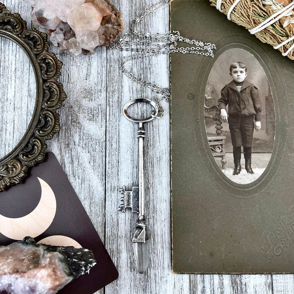 Vintage clear quartz crystal skeleton key pendant necklace in fine silver from FOXLARK, featuring a one-of-a-kind design.