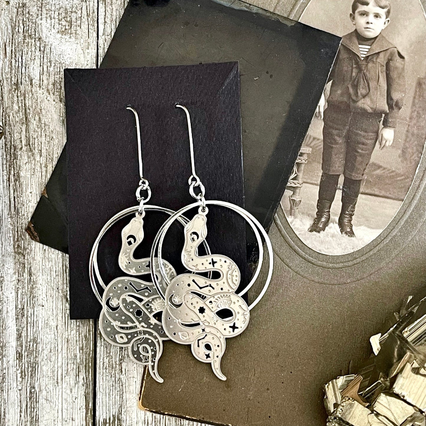 Snake Constellation Earrings Sterling Silver & Stainless Steel Earrings/ Evil Eye Moon Earrings - Long Dangly Geometric Earrings - Foxlark Crystal Jewelry
