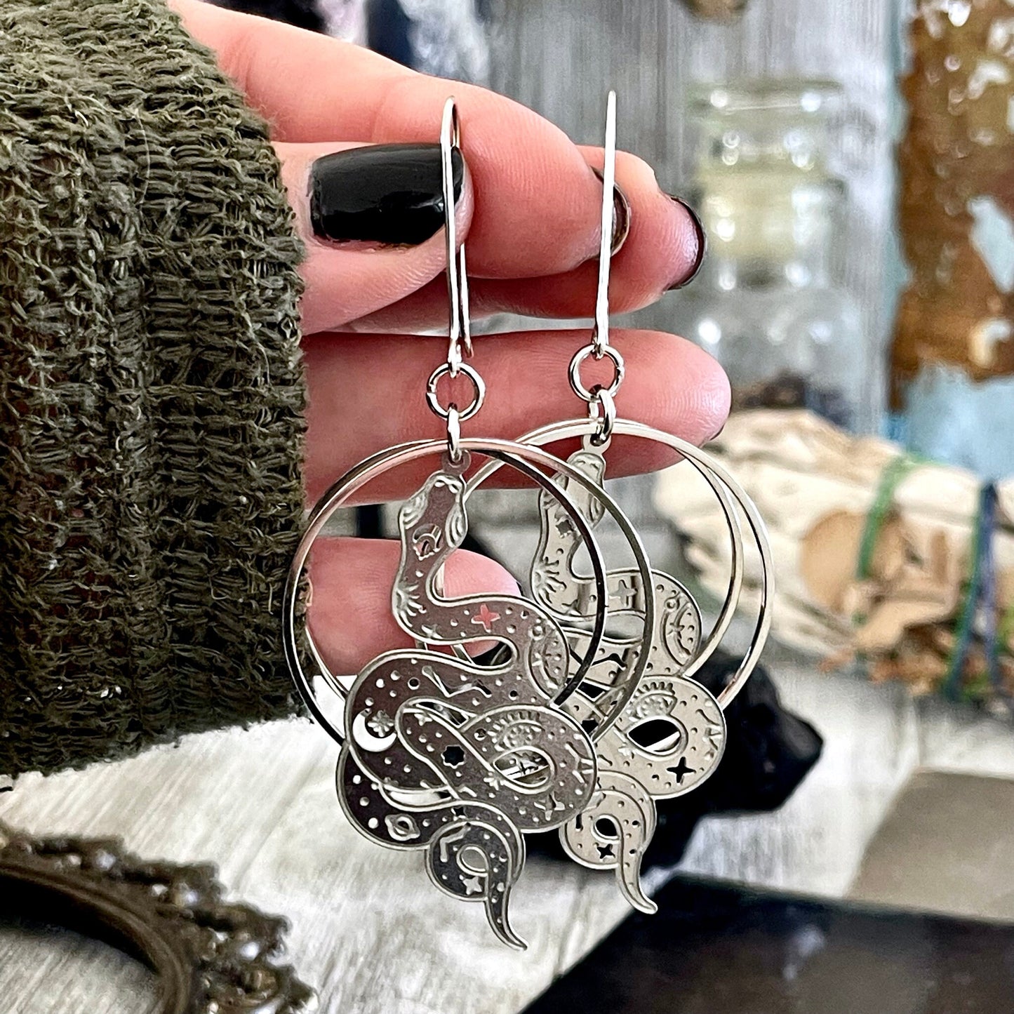 Snake Constellation Earrings Sterling Silver & Stainless Steel Earrings/ Evil Eye Moon Earrings - Long Dangly Geometric Earrings - Foxlark Crystal Jewelry