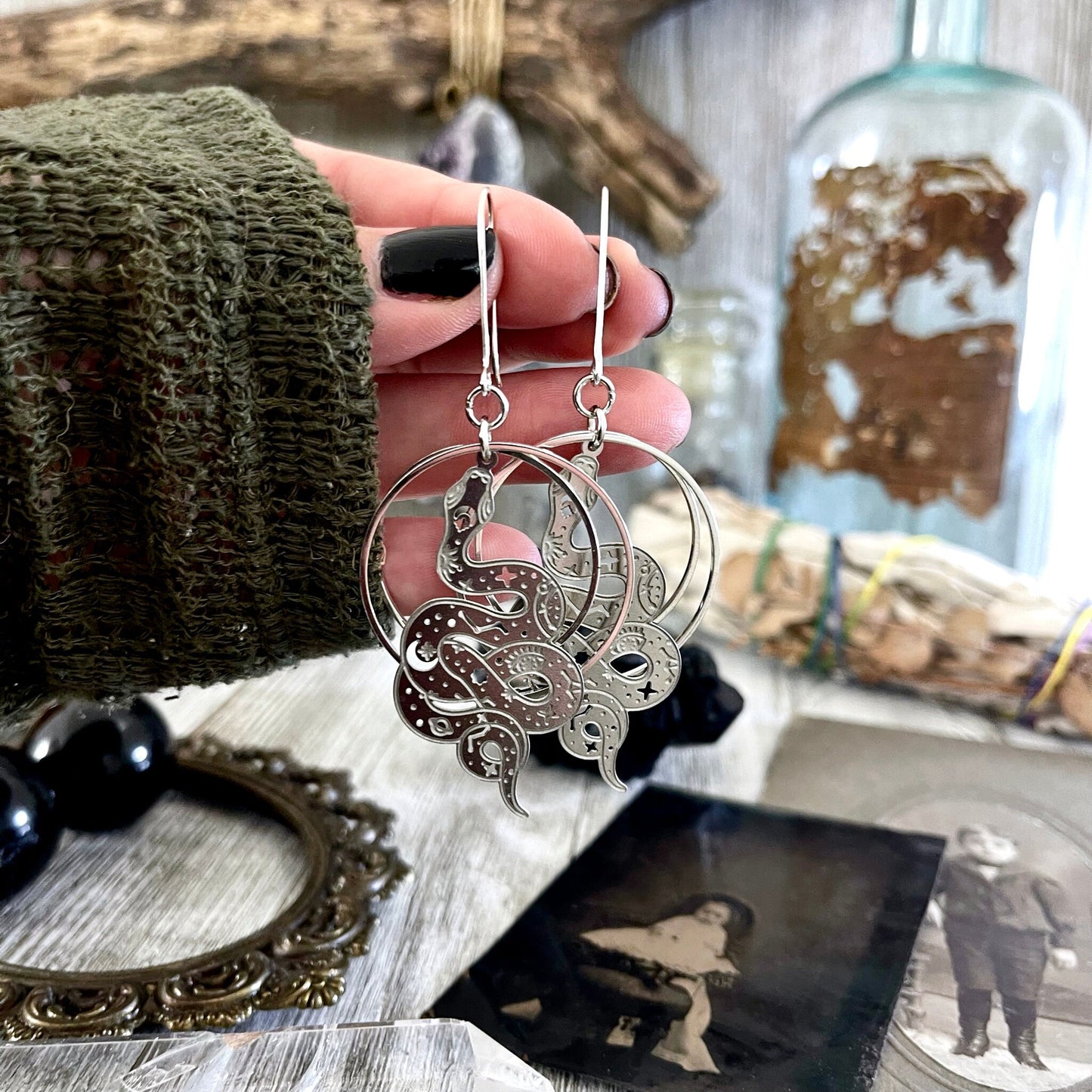 Snake Constellation Earrings Sterling Silver & Stainless Steel Earrings/ Evil Eye Moon Earrings - Long Dangly Geometric Earrings - Foxlark Crystal Jewelry
