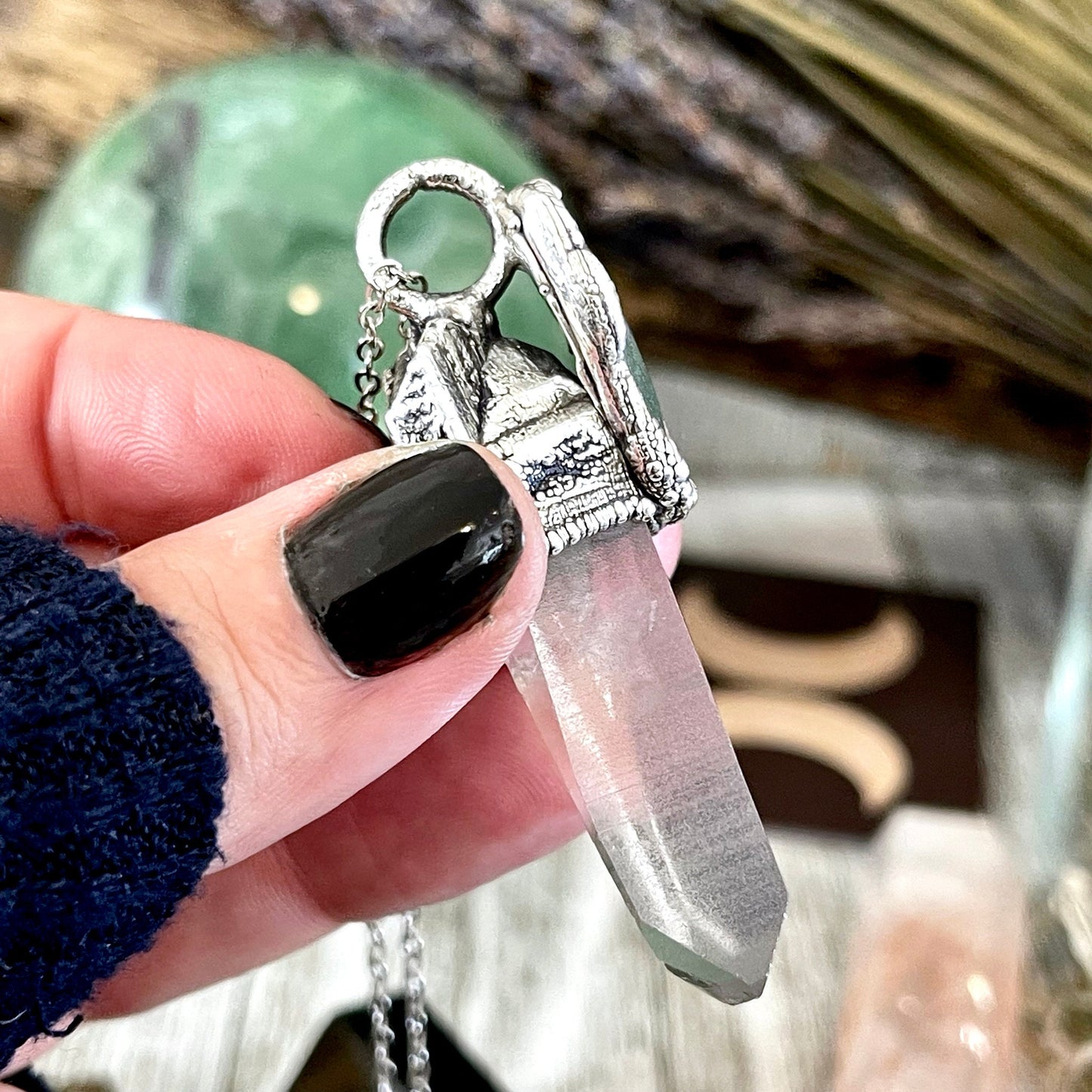 Raw Clear Quartz & Green Sea Glass Crystal Statement Necklace in Fine Silver / Foxlark Collection - One of a Kind - Foxlark Crystal Jewelry