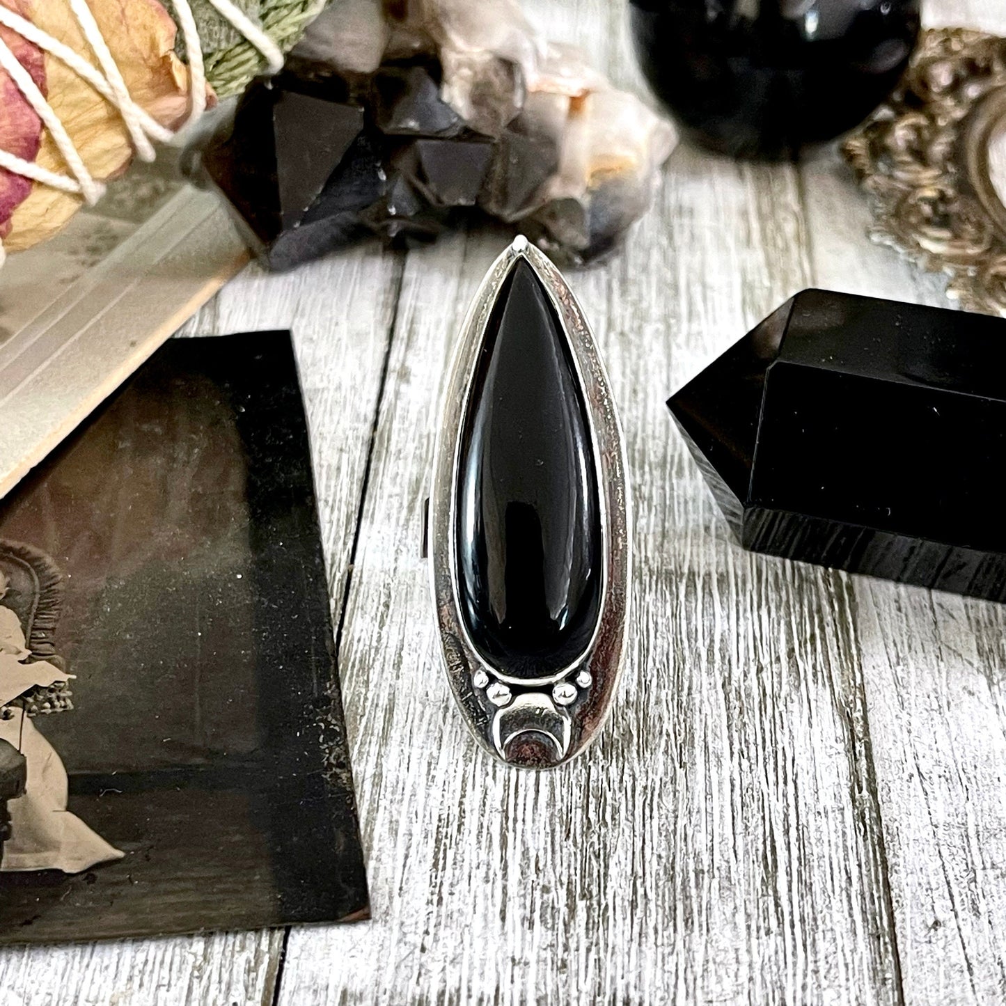 Black Onyx Ring in Sterling Silver, Magic Moon Ring/ Designed by FOXLARK Collection Adjustable to Size 6 7 8 9 10