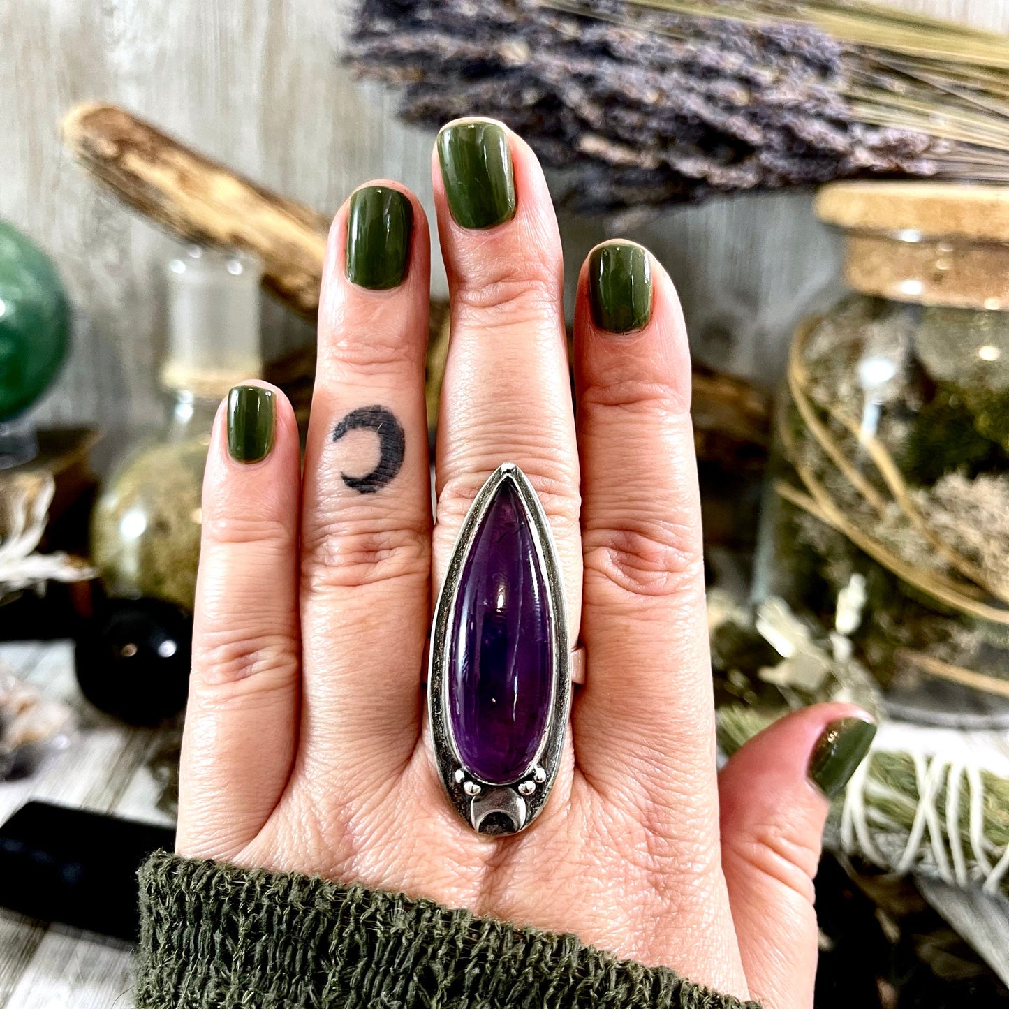 Purple Amethyst Ring Sterling Silver | Big Witchy Crystal Jewelry | Magic Moon | Adjustable Statement Ring 6-10 Gothic Gemstone Jewelry