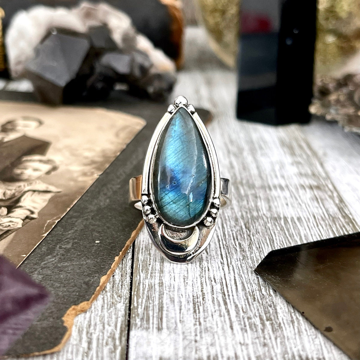 Sterling silver Labradorite crystal ring by FOXLARK, featuring a midnight moon design, adjustable to sizes 6-9.