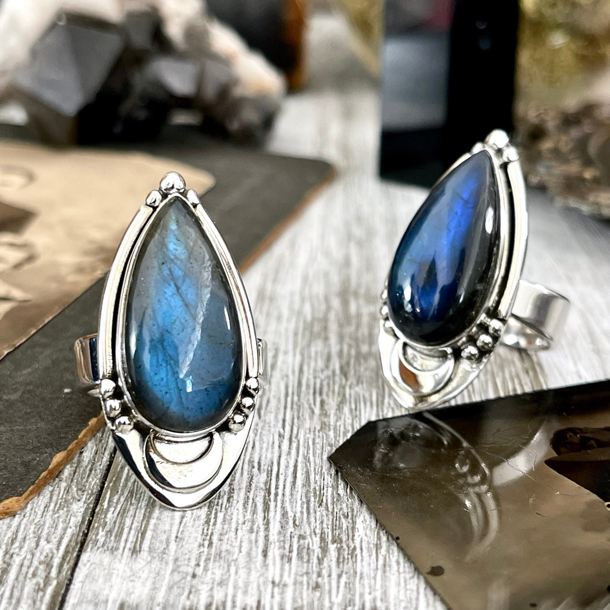FOXLARK sterling silver Labradorite crystal ring with midnight moon design, adjustable size 6-9, featuring a polished gemstone setting.