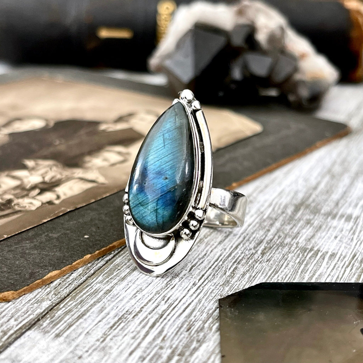 FOXLARK sterling silver Labradorite crystal ring with adjustable size, featuring a midnight moon design and intricate details.