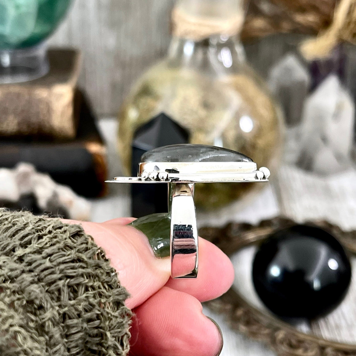FOXLARK Midnight Moon Labradorite crystal ring in sterling silver, adjustable size 6-9, featuring a shimmering moonlit labradorite gemstone.