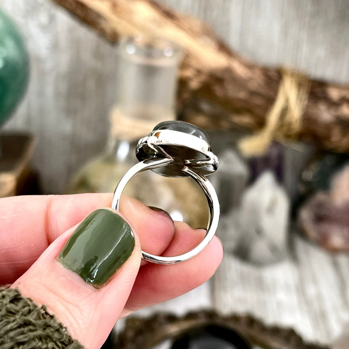 FOXLARK Midnight Moon Labradorite Crystal ring in sterling silver, adjustable size 6-9, featuring a shimmering labradorite stone.